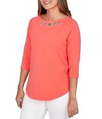Ruby Rd. Soft Cotton Knit Grommet Boat Neck 3/4 Sleeve Top