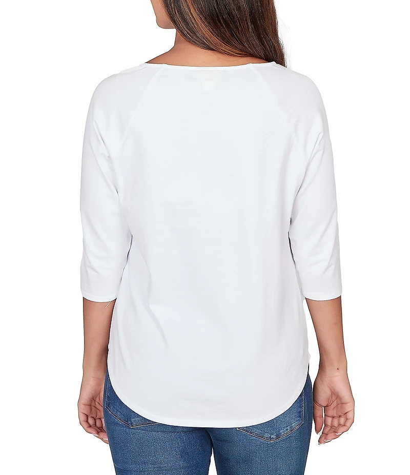 Ruby Rd. Soft Cotton Knit Grommet Boat Neck 3/4 Sleeve Top