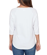 Ruby Rd. Soft Cotton Knit Grommet Boat Neck 3/4 Sleeve Top