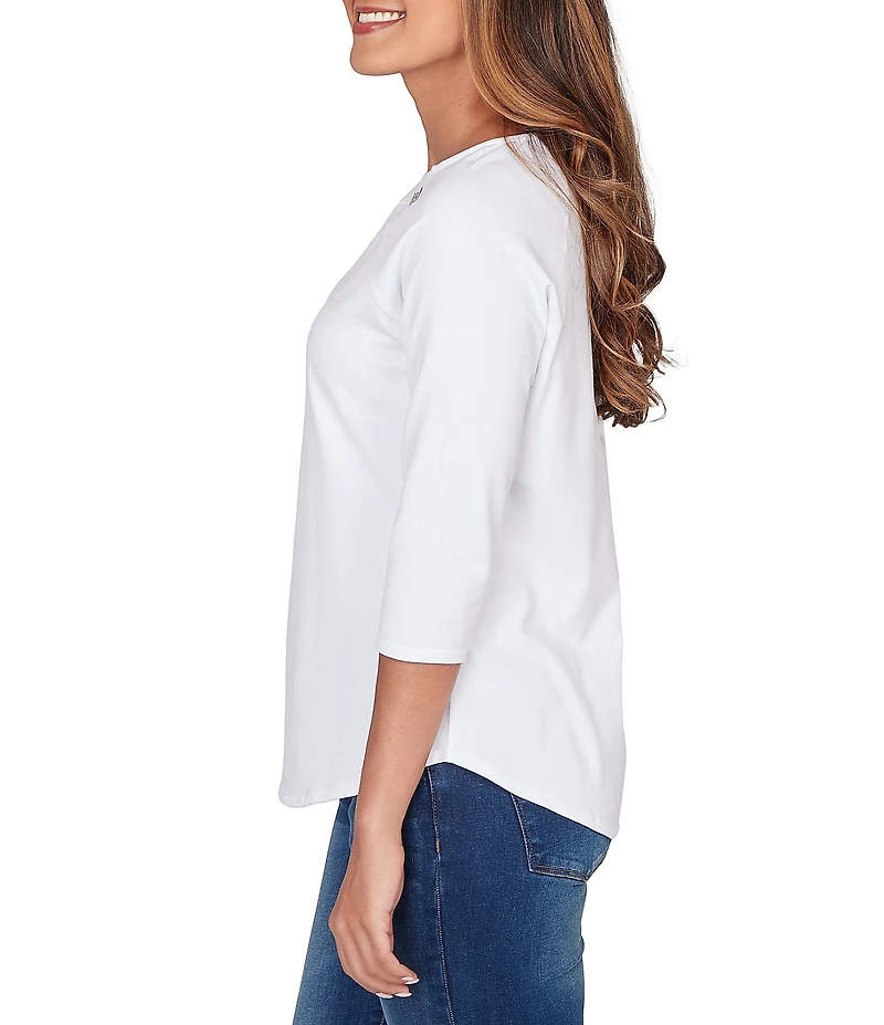 Ruby Rd. Soft Cotton Knit Grommet Boat Neck 3/4 Sleeve Top