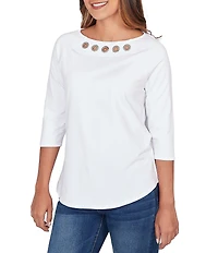 Ruby Rd. Soft Cotton Knit Grommet Boat Neck 3/4 Sleeve Top