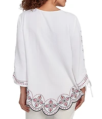 Ruby Rd. Soft Crepe Gauze Embroidered Scoop Neck 3/4 Tie Sleeve Top