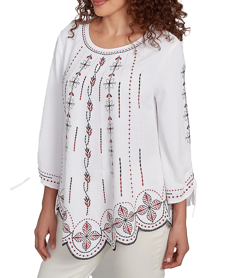 Ruby Rd. Soft Crepe Gauze Embroidered Scoop Neck 3/4 Tie Sleeve Top