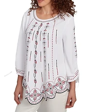 Ruby Rd. Soft Crepe Gauze Embroidered Scoop Neck 3/4 Tie Sleeve Top
