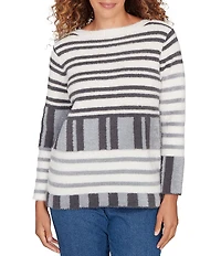 Ruby Rd. Soft Eyelash Knit Stripe Boat Neck Long Sleeve Sweater
