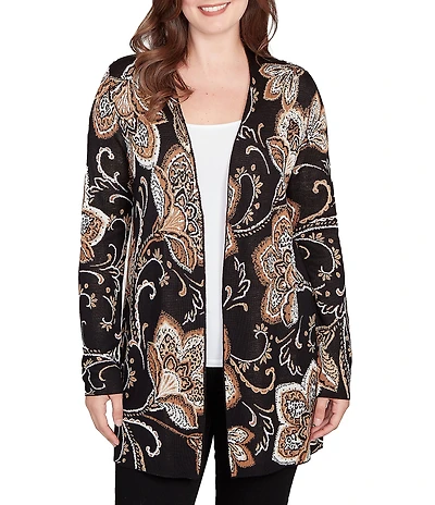 Ruby Rd. Soft Fine-Gauge Jacquard Knit Floral Long Sleeve Open-Front Cardigan