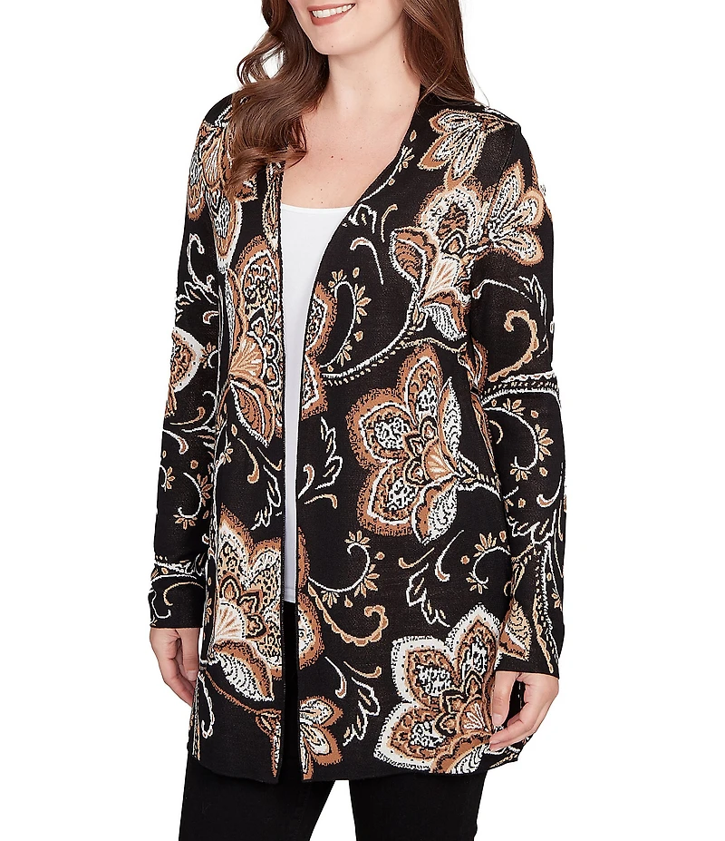 Ruby Rd. Soft Fine-Gauge Jacquard Knit Floral Long Sleeve Open-Front Cardigan