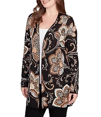 Ruby Rd. Soft Fine-Gauge Jacquard Knit Floral Long Sleeve Open-Front Cardigan