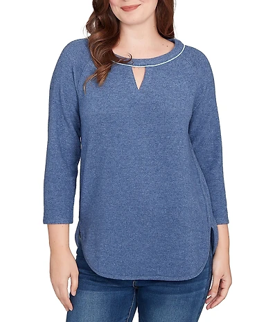 Ruby Rd. Soft Hatchi Knit Keyhole Neck 3/4 Sleeve Top