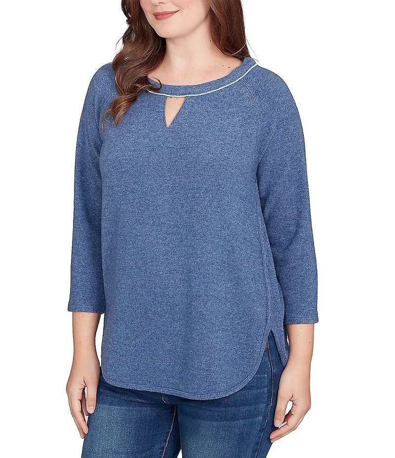 Ruby Rd. Soft Hatchi Knit Keyhole Neck 3/4 Sleeve Top