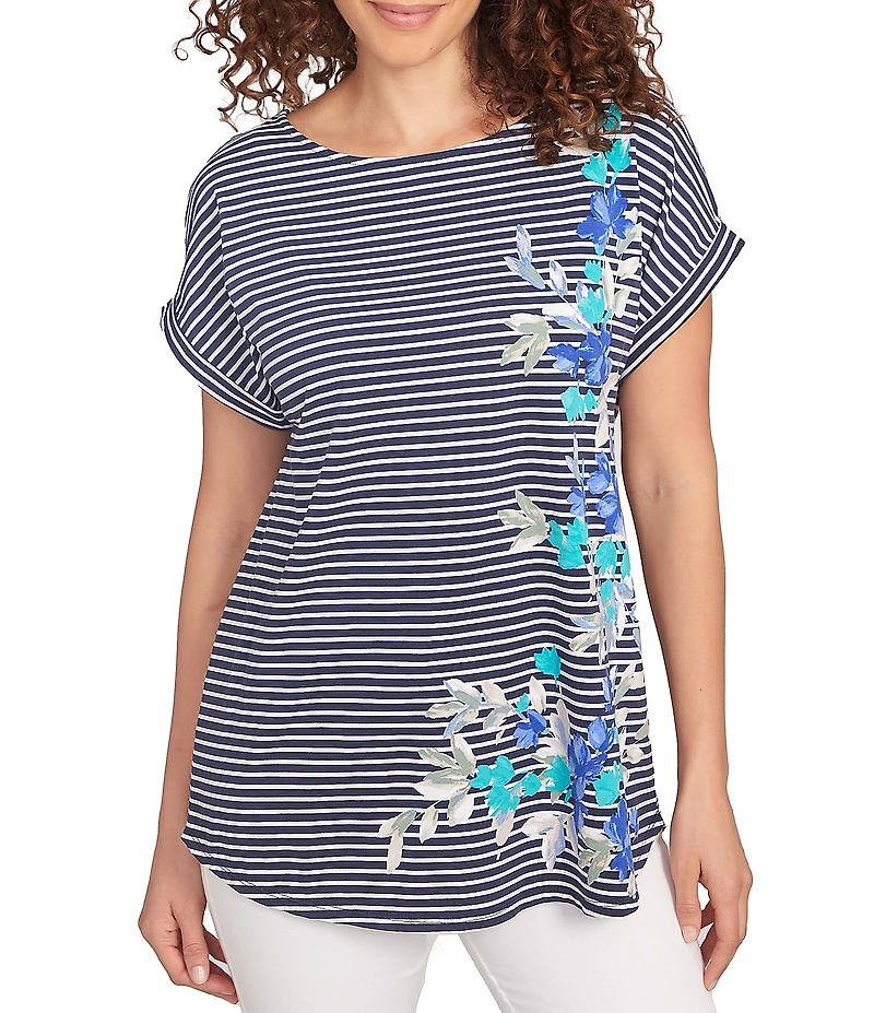 Ruby Rd. Soft Jersey Knit Floral Stripe Boat Neck Short Cuff Sleeve Top