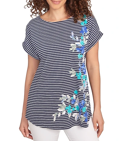 Ruby Rd. Soft Jersey Knit Floral Stripe Boat Neck Short Cuff Sleeve Top