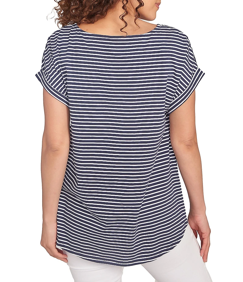 Ruby Rd. Soft Jersey Knit Floral Stripe Boat Neck Short Cuff Sleeve Top