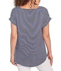 Ruby Rd. Soft Jersey Knit Floral Stripe Boat Neck Short Cuff Sleeve Top