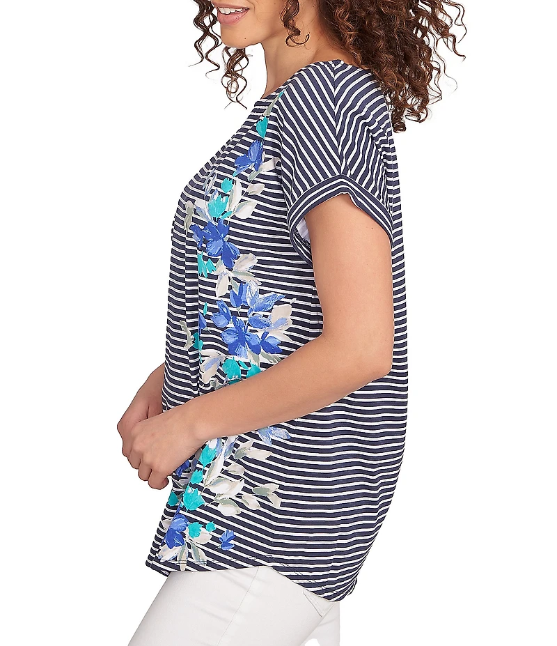 Ruby Rd. Soft Jersey Knit Floral Stripe Boat Neck Short Cuff Sleeve Top