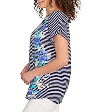 Ruby Rd. Soft Jersey Knit Floral Stripe Boat Neck Short Cuff Sleeve Top