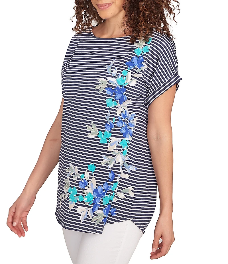 Ruby Rd. Soft Jersey Knit Floral Stripe Boat Neck Short Cuff Sleeve Top