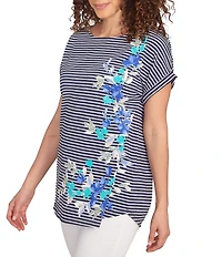 Ruby Rd. Soft Jersey Knit Floral Stripe Boat Neck Short Cuff Sleeve Top