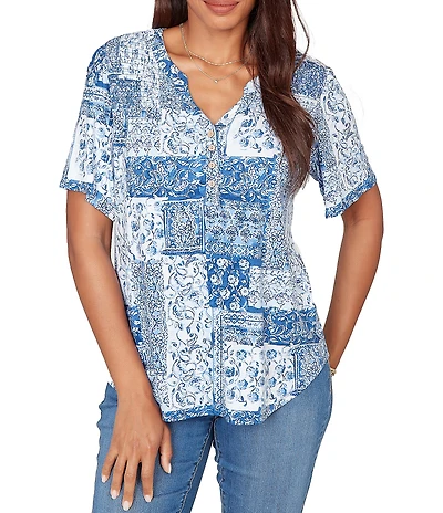 Ruby Rd. Soft Knit Patchwork Print Split V-Neck Short Sleeve Tee Top