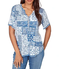 Ruby Rd. Soft Knit Patchwork Print Split V-Neck Short Sleeve Tee Top
