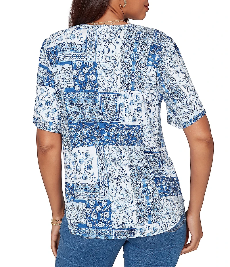 Ruby Rd. Soft Knit Patchwork Print Split V-Neck Short Sleeve Tee Top