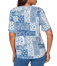Ruby Rd. Soft Knit Patchwork Print Split V-Neck Short Sleeve Tee Top