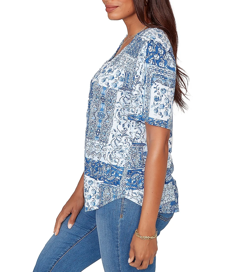 Ruby Rd. Soft Knit Patchwork Print Split V-Neck Short Sleeve Tee Top