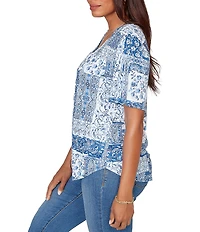Ruby Rd. Soft Knit Patchwork Print Split V-Neck Short Sleeve Tee Top