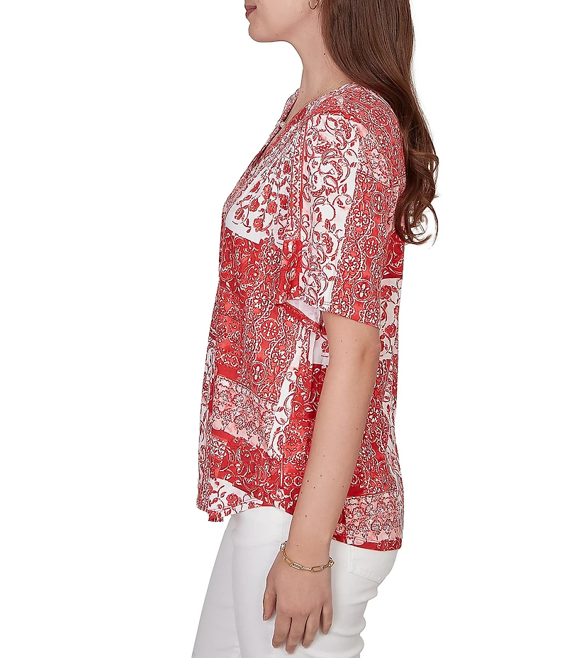 Ruby Rd. Soft Knit Patchwork Print Split V-Neck Short Sleeve Tee Top