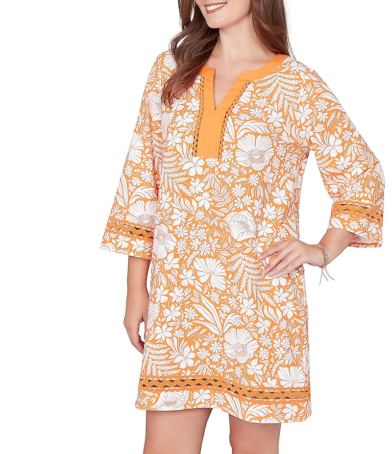 Ruby Rd. Soft Knit Tropical Print Split Round Neck 3/4 Sleeve Shift Dress