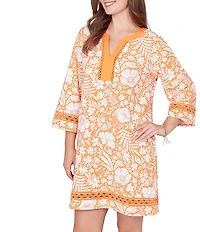 Ruby Rd. Soft Knit Tropical Print Split Round Neck 3/4 Sleeve Shift Dress