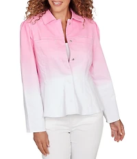 Ruby Rd. Soft Ombre Wash Point Collar Long Sleeve Peplum Denim Jacket