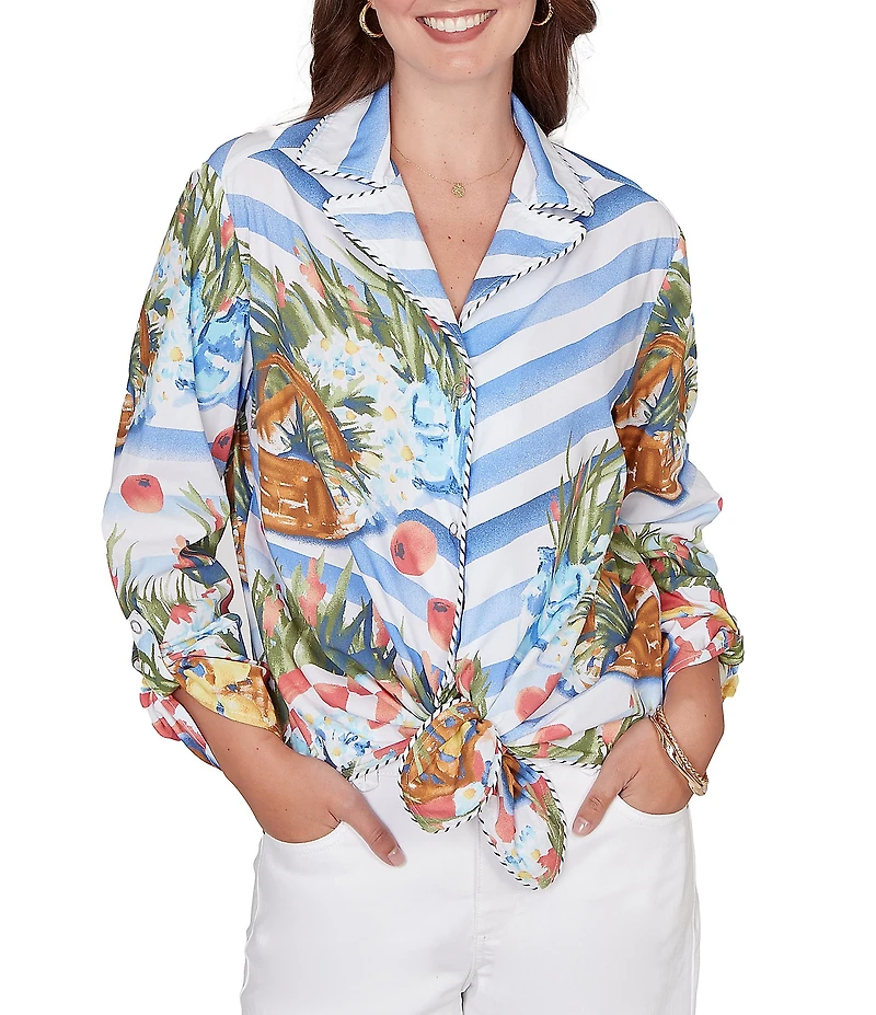 Ruby Rd. Soft Poplin Woven Conversational Print Collared 3/4 Sleeve Picnic Top