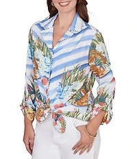 Ruby Rd. Soft Poplin Woven Conversational Print Collared 3/4 Sleeve Picnic Top