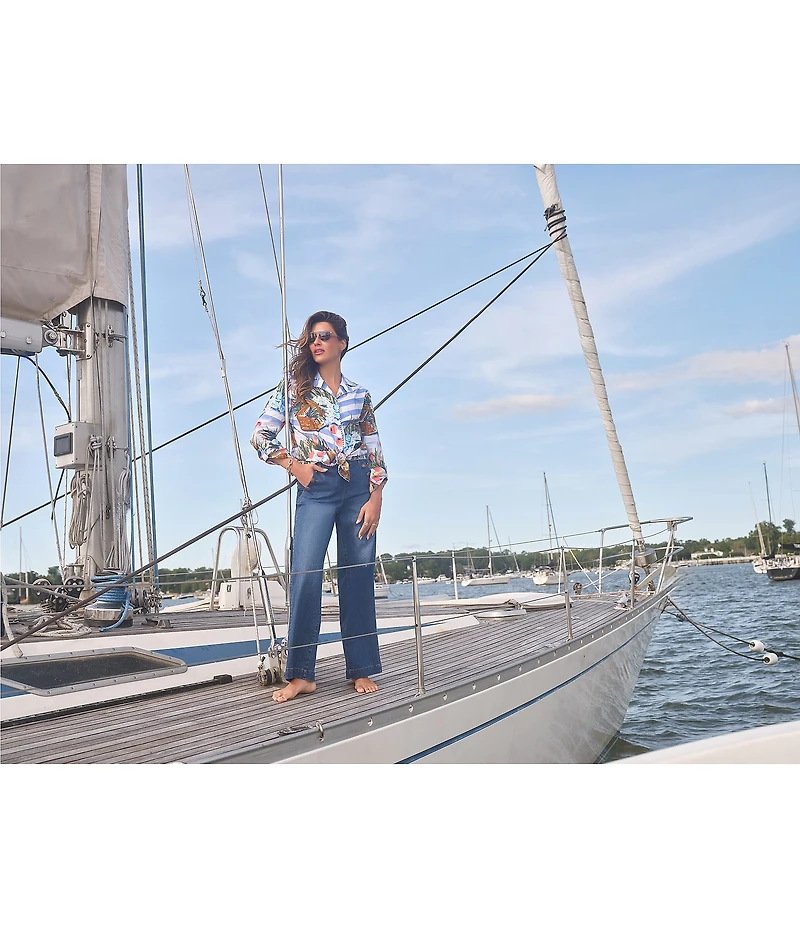 Ruby Rd. Soft Poplin Woven Conversational Print Collared 3/4 Sleeve Picnic Top