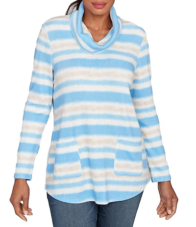 Ruby Rd. Soft Ribbed Knit Stripe Draped Cowl Neck Long Sleeve Top
