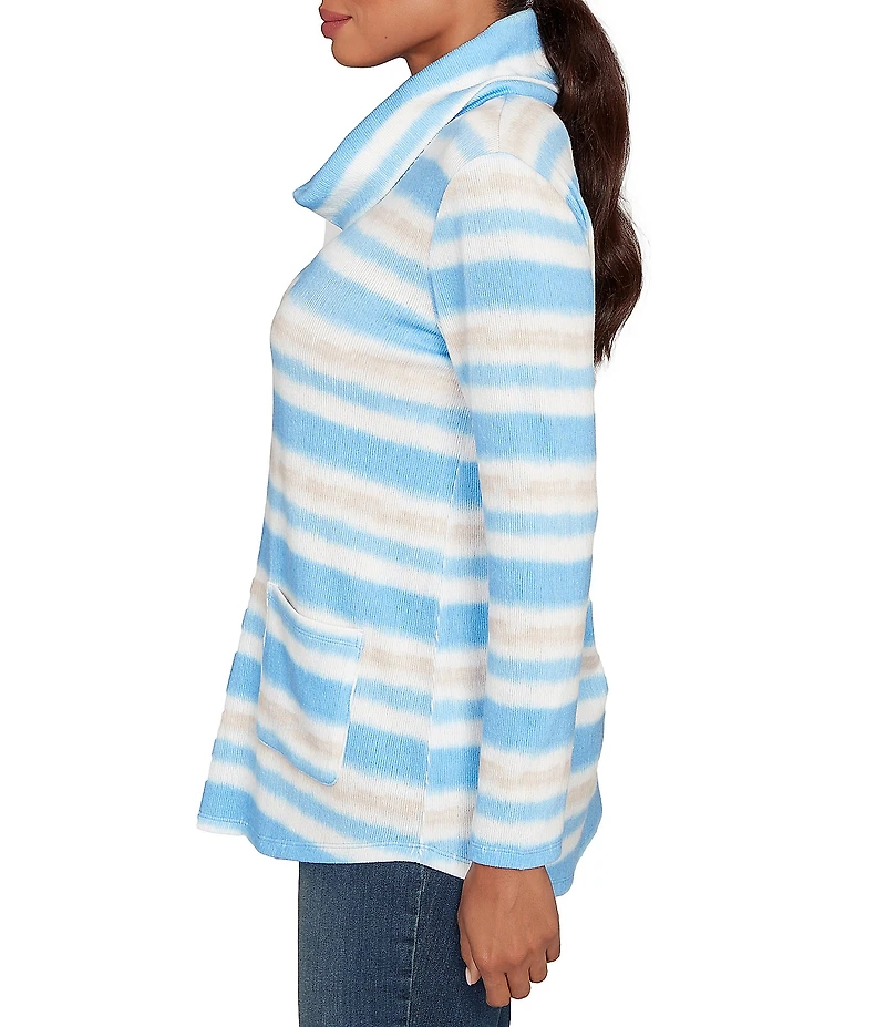 Ruby Rd. Soft Ribbed Knit Stripe Draped Cowl Neck Long Sleeve Top