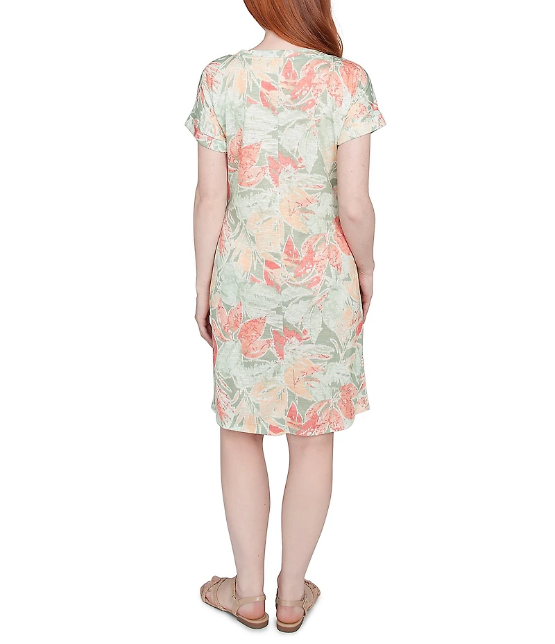 Ruby Rd. Soft Slub Jersey Batik Leaf Print V-Neck Short Sleeve Tie-Front Sheath Dress
