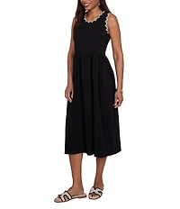 Ruby Rd. Soft Stretch Cotton Knit Crochet Scoop Neck Sleeveless A-Line Midi Dress