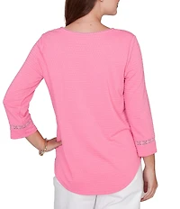 Ruby Rd. Soft Textured Knit Crew Neck 3/4 Sleeve Lace Trim Top