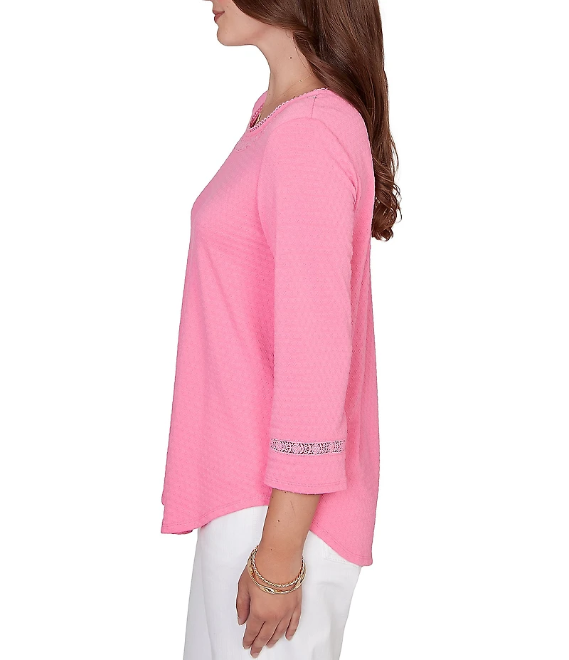 Ruby Rd. Soft Textured Knit Crew Neck 3/4 Sleeve Lace Trim Top