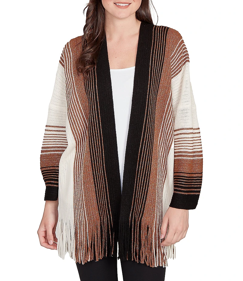 Ruby Rd. Soft Textured Striped 3/4 Sleeve Fringe Hem Open-Front Cardigan