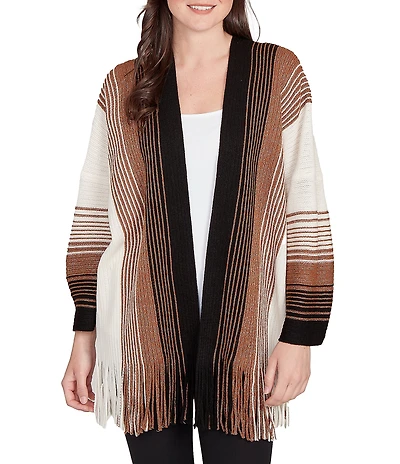 Ruby Rd. Soft Textured Striped 3/4 Sleeve Fringe Hem Open-Front Cardigan