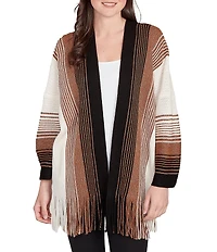 Ruby Rd. Soft Textured Striped 3/4 Sleeve Fringe Hem Open-Front Cardigan