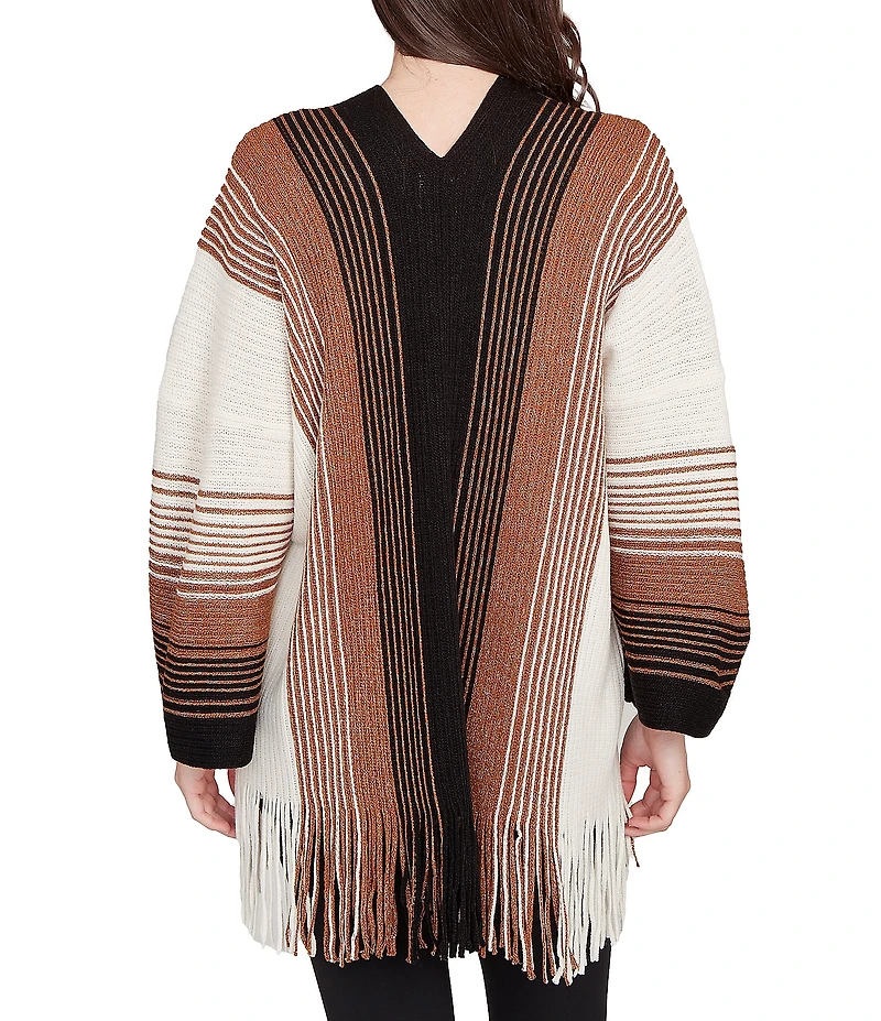 Ruby Rd. Soft Textured Striped 3/4 Sleeve Fringe Hem Open-Front Cardigan