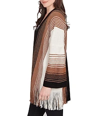 Ruby Rd. Soft Textured Striped 3/4 Sleeve Fringe Hem Open-Front Cardigan