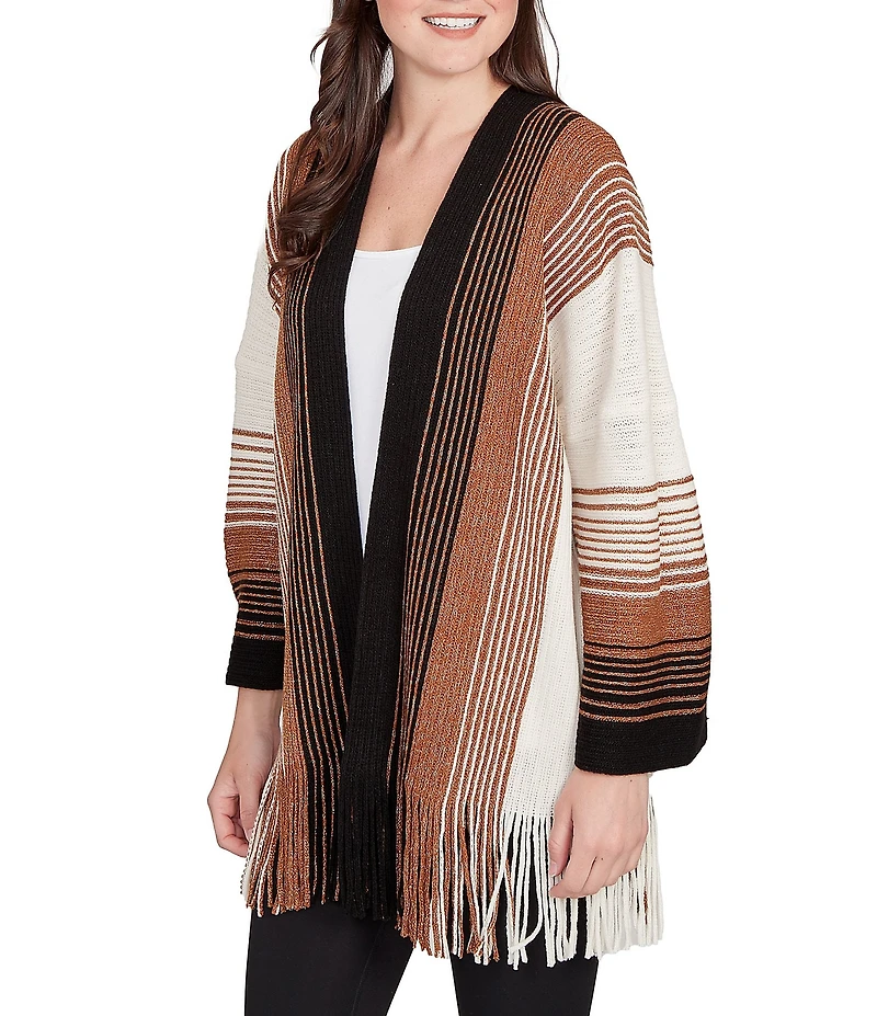 Ruby Rd. Soft Textured Striped 3/4 Sleeve Fringe Hem Open-Front Cardigan