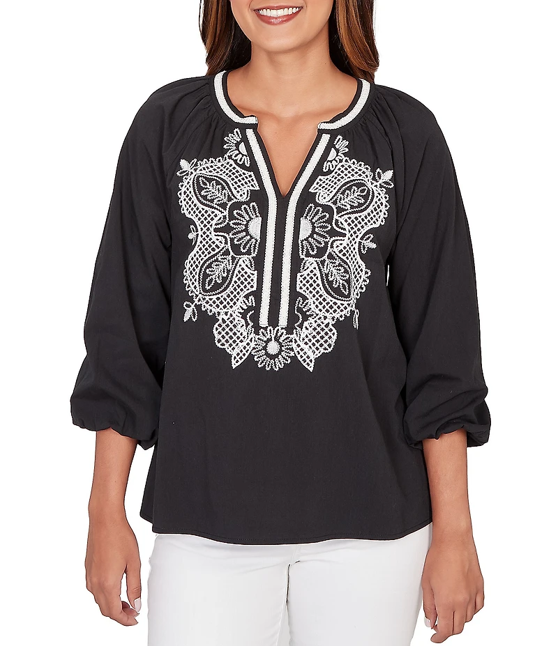 Ruby Rd. Soft Woven Embroidered Split V-Neck 3/4 Sleeve Top
