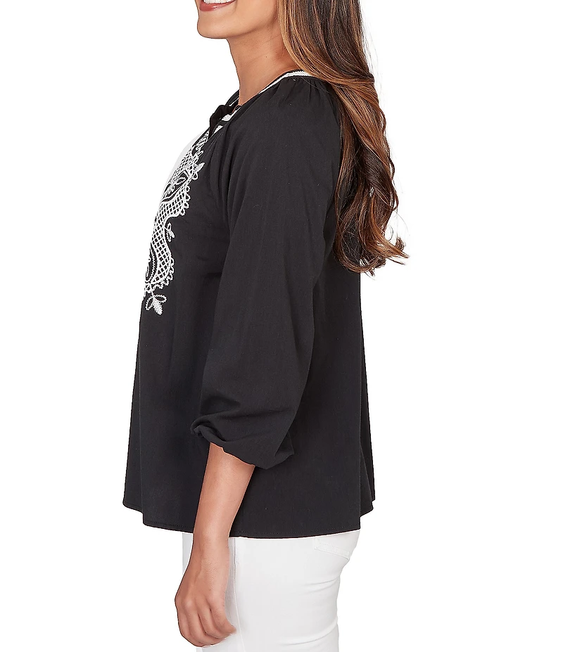 Ruby Rd. Soft Woven Embroidered Split V-Neck 3/4 Sleeve Top