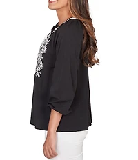 Ruby Rd. Soft Woven Embroidered Split V-Neck 3/4 Sleeve Top